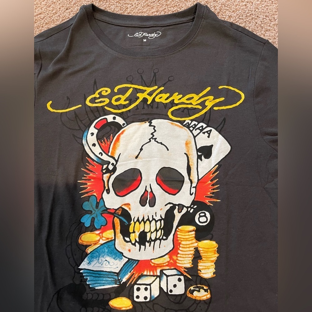 ED HARDY Ace Skull Men's Charcoal Gray T-shirt - Picture 9 of 11